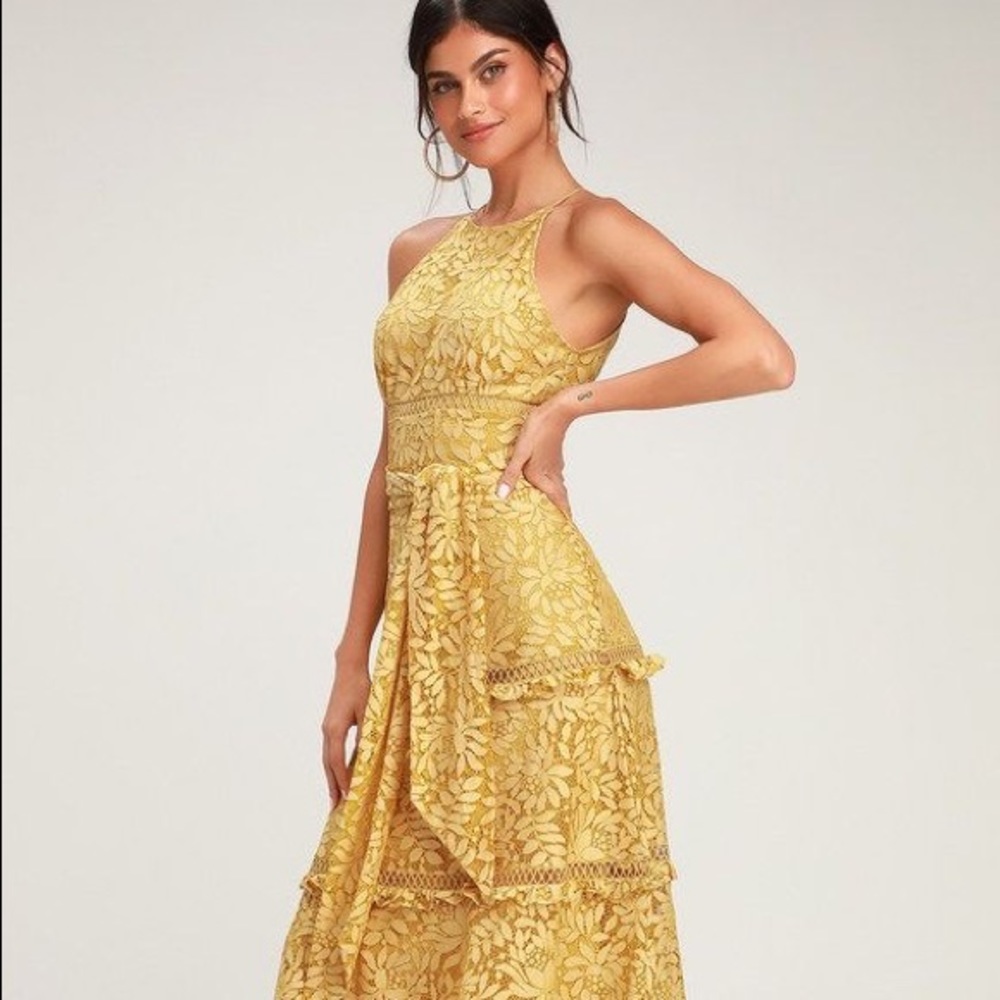 Lulus: Imagine Golden Yellow Lace Midi Dress